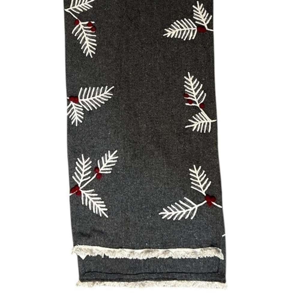 House & Garden Gray Wool Blend Holiday Table Runner w/ Boughs & Red Berries